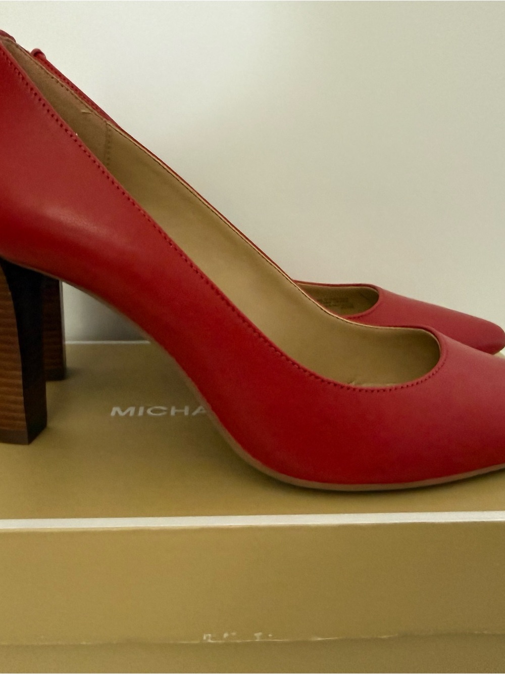 Michael Kors Red Leather Pointed Toe Block Heel Pumps - Picture 2 of 5